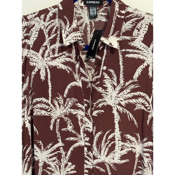 Express NWT Brown & white palm mini shirt dress Oversized flowy L/S tiered hem - Picture 7 of 12